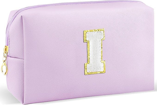 Gifts for Girls Initial Makeup Bag Personalized Cosmetic Bag with Zipper Cute Travel Toiletry Bag Waterproof PU Preppy Makeup Pouch Birthday Gift for Teen Girls Women(Purple I)