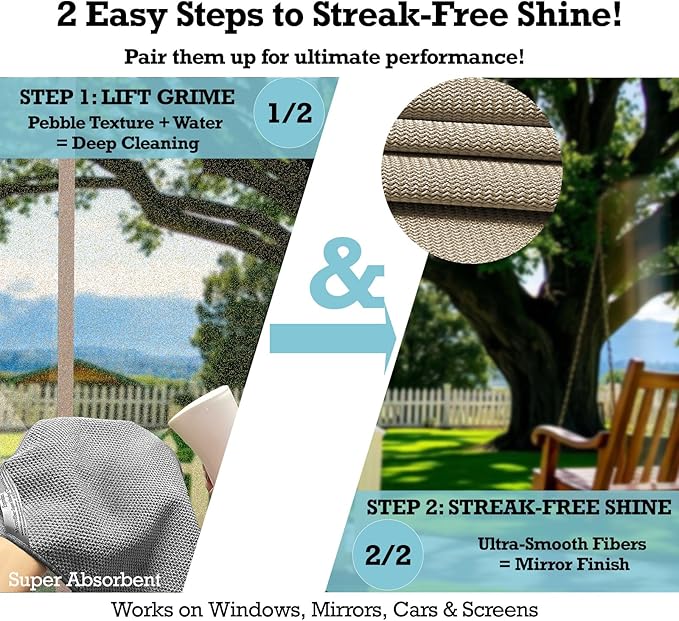 Lint-Free Streak-Free Glass Cleaning Cloth 3-Pack - Microfiber Towels Polish & Scrub with Only Water for Windows, Cars, Mirrors - Blue, Brown, Gray