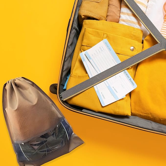 12 PCs Shoe Bags for Travel, Packing, Storage, Organizing & Suitcase. Reusable Dustproof & Water Resistant Sneakers Pouch Protectors with Clear Window & Drawstring. Laundry & Toys (Sand, Gray & Black)