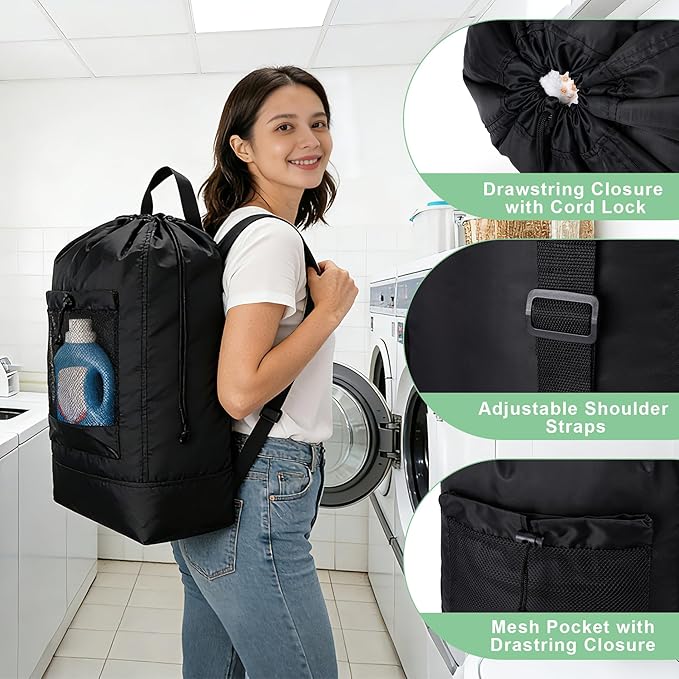 Backpack Laundry Bag, Large Travel Laundry Bags with Shoulder Straps and Mesh Pockets, Laundry Backpack with Drawstring Closure for College, Travel, Dorm, Apartment, Laundromat (Khaki)