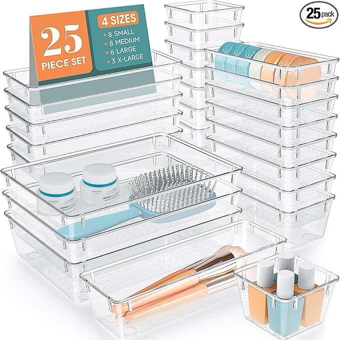 25 PCS Drawer Organizer Set, 4 Varied Size Bathroom and kitchen Drawer cabinet organizer Trays, Clear Storage Bins for Makeup, Jewelry, Utensils and Gadgets