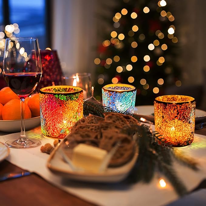 Rancco Tea Light Candle Holder Mosaic Glass Candle Jars, Handmade Romantic Tealight Holders for Make Candles and Essential Oil Diffuser, Table Centerpiece, Bath Decor, Set of 3 in 3 Size, Multicolor