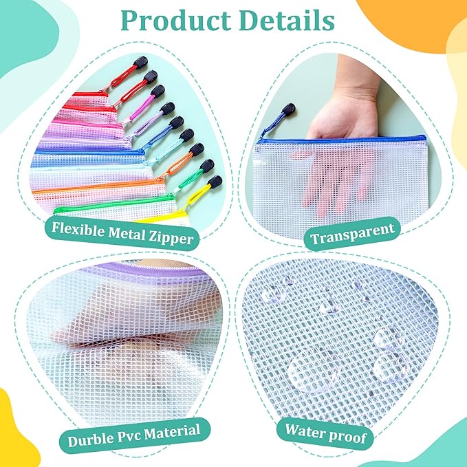 9pcs Mesh Zipper Pouch Bags, B5 Mesh Pouch, Plastic Zipper Pouches, 9 Colors for Organizing, Board Game Storage, Travel, School, Office