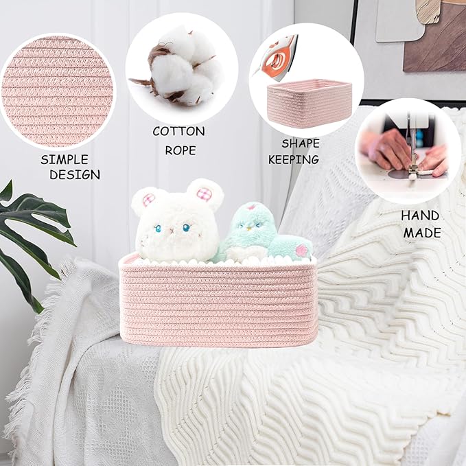 COMFY-HOMI 13" x 8.5" x 5.1" Storage Baskets for Organizing | Cotton Rope Woven Basket | Toy Storage Bin Box | Basket for Shelves, Closet Organizer Bin, Decorative Closet Shelf, 1 Pack, All pink
