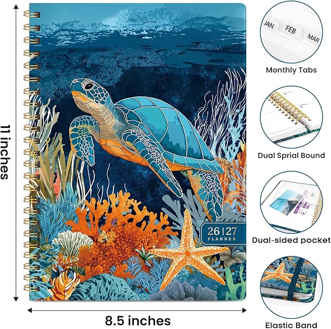 Academic Planner 2026-2027, Weekly and Monthly Calendar Book, July 2026 – June 2027, Hardcover Planner with Tabs, Perfect for Teachers, Students, Women & Men, A4 (8.5" x 11") - Turtle