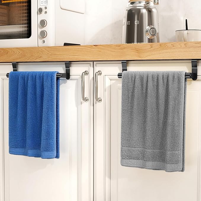 Over Cabinet Towel Holder, 2 Pack Over The Cabinet Doors Towel Rack Bars for Kitchen, Stainless Steel Dish Towel Holder (Black)