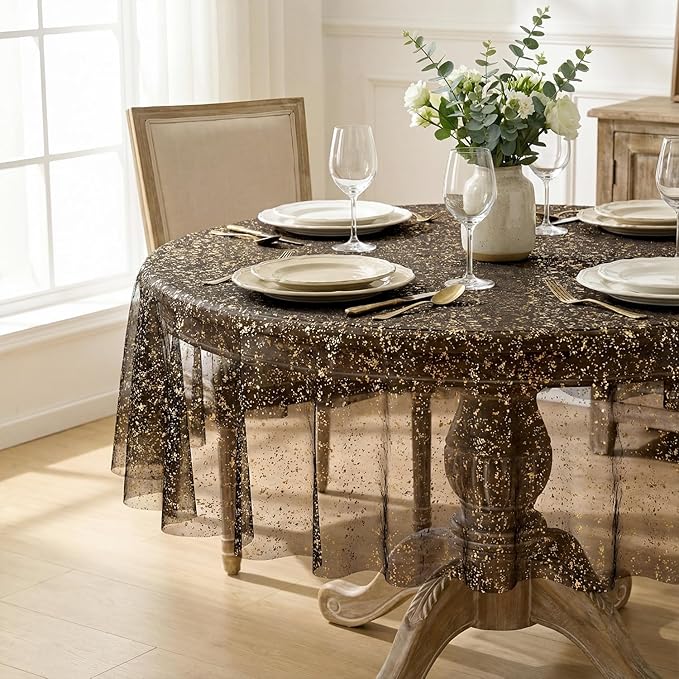 Horaldaily Black Gold Gauze Tablecloth 60x60 Inch Round, Golden Sequin Glitter Metallic Foil, Sheer Tulle Cheesecloth for Wedding Baby Shower Ceremony Birthday