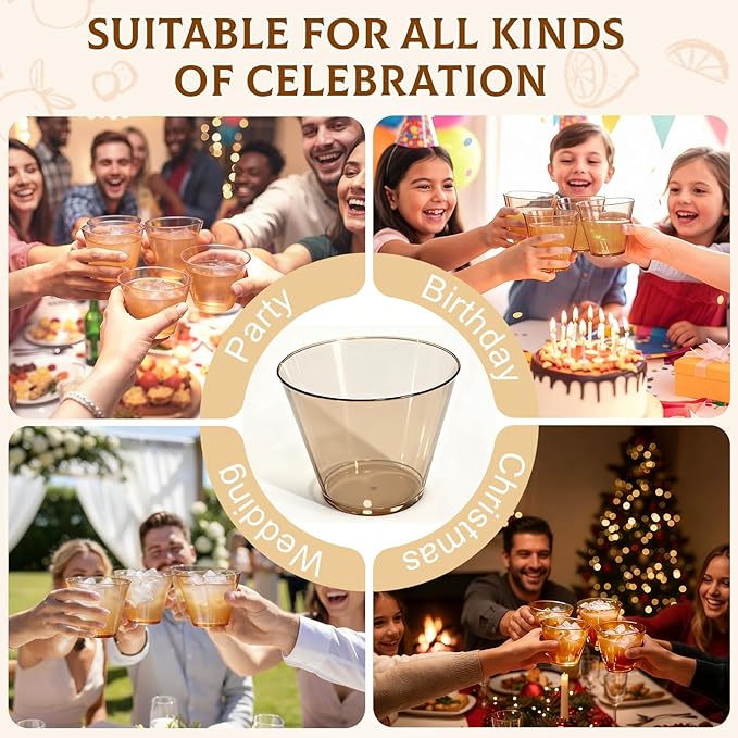 9 oz Clear Plastic Cups Brown Plastic Disposable Cups for Cocktail 150 Pack Fancy Cocktail Cup for Party Stemless Wine Glasses for Party Wedding Graduation Birthday