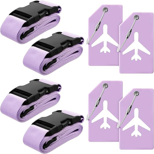 Weewooday 8 Pcs Luggage Straps Suitcase Tags Set for TSA Approved, 4 Travel Adjustable Suitcase Belt, 4 Silicone Luggage Tags with Name ID Card Travel Accessories(Light Purple,Airplane)