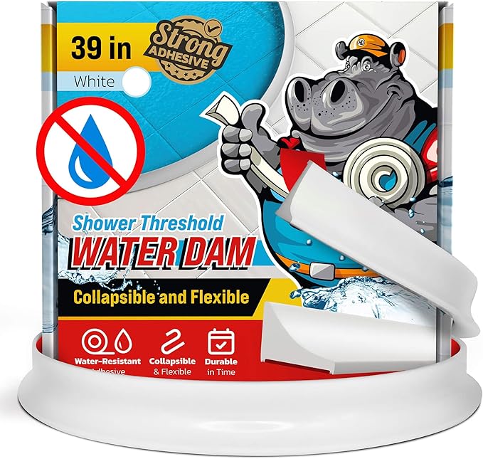 Shower Threshold Water Dam Barrier 39" - White Collapsible Walk in Shower Water Guard - Door Bottom Seal Strip Leak Guard by Hippo Dam