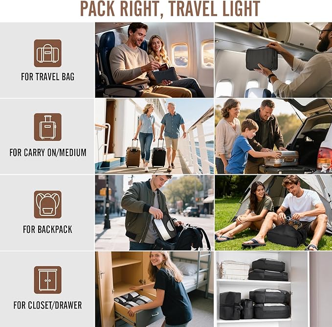 Veken 10 Set/8 Set Packing Cubes for Travel Essentials, Suitcase Organizer Bags in 4 Sizes, Carry-On Luggage Accessories with Laundry & Toiletry Bag, Airplane Must-Have, Road Trip & Camp Gifts for Men