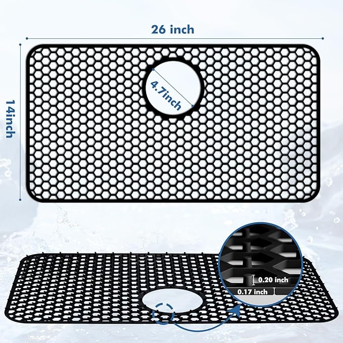 Silicone Sink Protectors for Kitchen Sink with Rear Drain - 26"x 14" Kitchen Protector Accessory, Non-Slip Heat Resistant Grid Mat for Bottom of Farmhouse Stainless Steel (Rear Hole, Black)