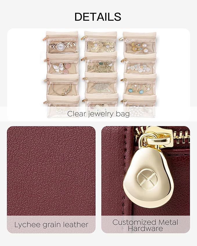 Vlando Jewelry Travel Case, Travel Jewelry Organizer with Clear Velvet Jewelry Bags, 12Pcs Zipper Pouch for Women, Gifts for Friends, Sister - Red