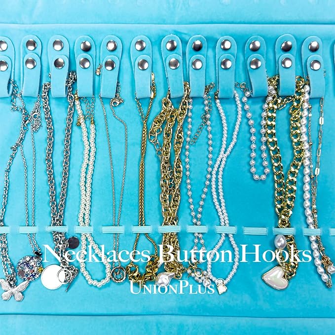 UnionPlus Velvet Travel Jewelry Roll Bag Organizer for Necklace, Elastic Band and Anti-winding, River Blue