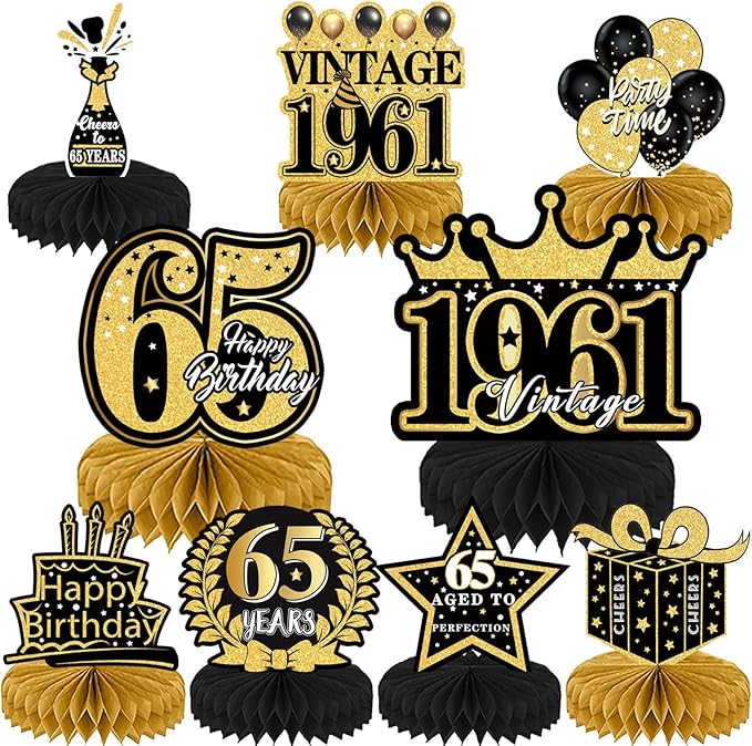 Refavor 65th Birthday Decorations for Men - 9PCS Vintage 65th Birthday Honeycomb Centerpieces Table Decorations Women, Black Gold 1961 Happy 65 Years Bday Party Decor