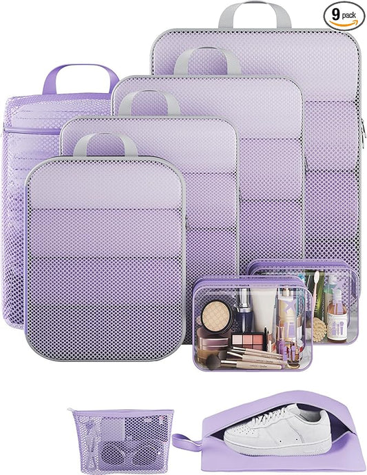 Veken 9/11 Set Compression Packing Cubes for Travel Essentials,Compressible Expandable Large Luggage Suitcase Organizer Bags for Clothing,Durable Space Saver Storage Bags(Light Purple)