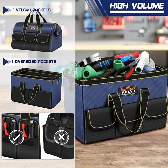 Tool Bag 2-Pack Set | AIRAJ 14" & 16" Portable Tool Bag | Wide Mouth Tool Bags for Men and Women | Small Tool Tote | Tool Organizer for Home Repairs,Garage Storage,Professional Work | Tool Box