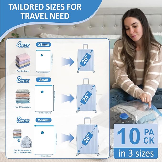 10 Pack Travel Vacuum Storage Bags with Rechargeable Wireless Electric Pump for Luggage, Suitcase, Carry-on Size Vacuum Seal Compression Space Saver Bags for Clothes and Clothing Travel
