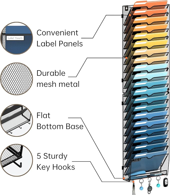 SUPEASY 21-Tier Wall File Holder Organizer with Hooks, Mesh Hanging File Organizer, Mail Organizer Wall Mounted for Papers, Folders, Office Magazine Rack, Assembly Needed, Black