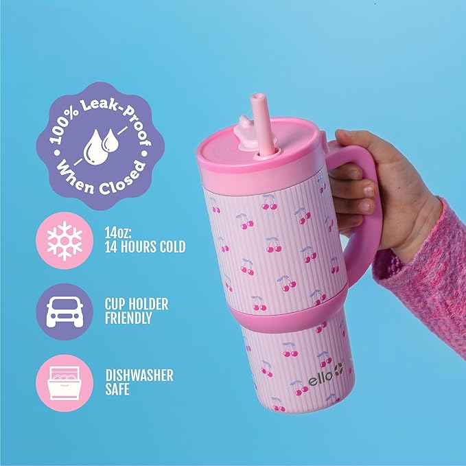 Ello Oasis 14oz Stainless Steel Toddler Tumbler with Handle & Retracting Straw, 100% Leakproof, Double-Wall Vacuum Insulated, Kids Water Bottle for School, BPA Free, Dishwasher Safe, Preppy Cherries