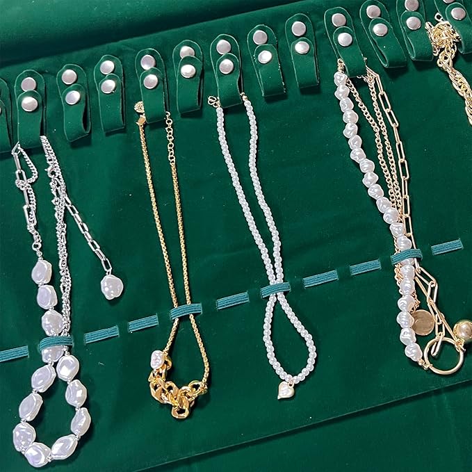 UnionPlus Velvet Travel Jewelry Roll Bag Organizer for Necklace, Elastic Band and Anti-winding, Blackish Green