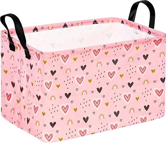 Rec Pink Heart Print Box Hamper Storage Basket Collapsible Organizer Bin Gift Shelf Baskets for Home and Kitchen Storage