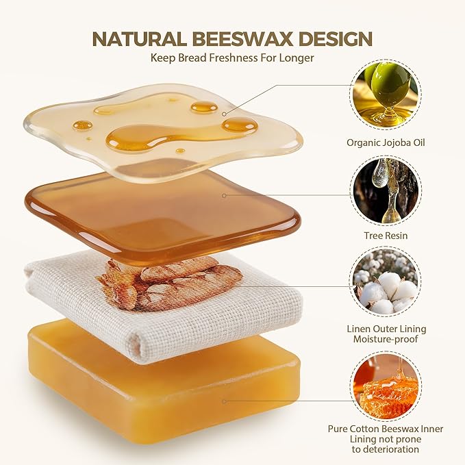 2 Pack Beeswax Bread Bag,17"×13"Reusable Organic Bread Bags for Homemade Bread Sourdough,Linen Outer Lining and Pure Cotton Beewax Inner Lining Moisture-proof &Fresh-Preserving With Buckle&Bowl Covers