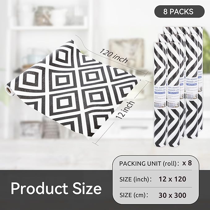 FIFTY FEET 12"x120" Non-Adhesive Shelf Liner for Kitchen Cabinets and Drawers, Washable Non-Slip PVC Cabinet Liner (Black Plaid)(8 Roll)