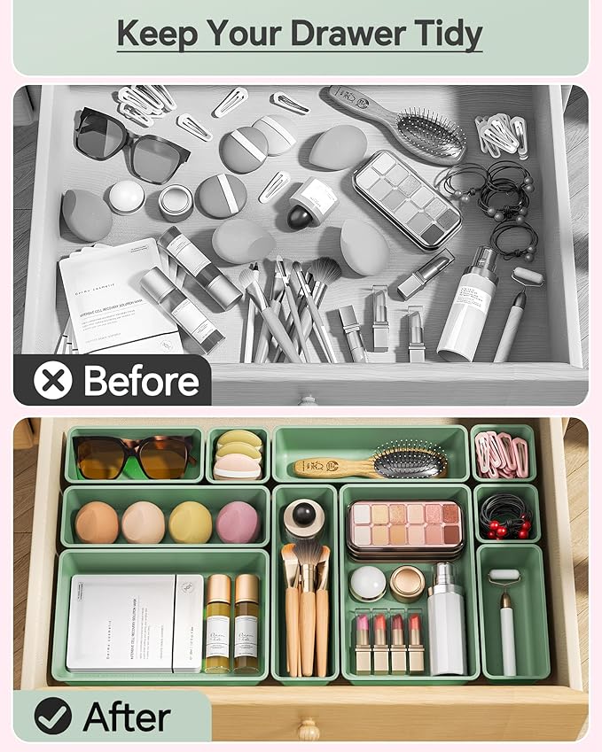 25 PCS Plastic Drawer Organizers Set, 4 Sizes Vanity Organizer, Makeup and Desk Drawer Organizer Trays, Organization and Storage for Makeup, Bathroom, Kitchen Utensils and Office (Green)
