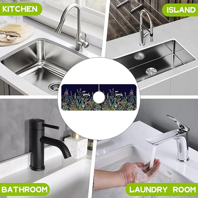Colorful Herbs and Wild Flowers Kitchen Sink Splash Guard Faucet Mat Super Absorbent Fast Drying Mat Guard Behind Faucet Drip Catcher for Kitchen Bathroom, 15.5"X5.5"