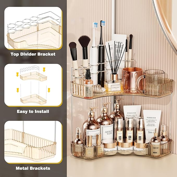 2-Tier Corner Bathroom Counter Organizer with Top Toothbrush Holders,Large Makeup Organizer Countertop with Brush Holder,Skincare Organizers Corner,Exquisite Vanity Organizer (Gold, 2 Tier)