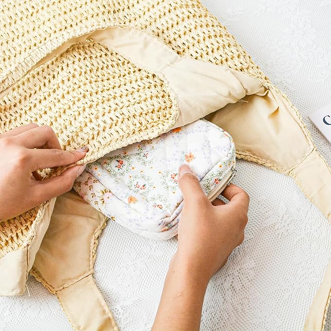 Small Floral Quilted Makeup Bag, Coquette Aesthetic Travel Toiletry Organizer for Women, Lightweight Cotton Cosmetic Pouch