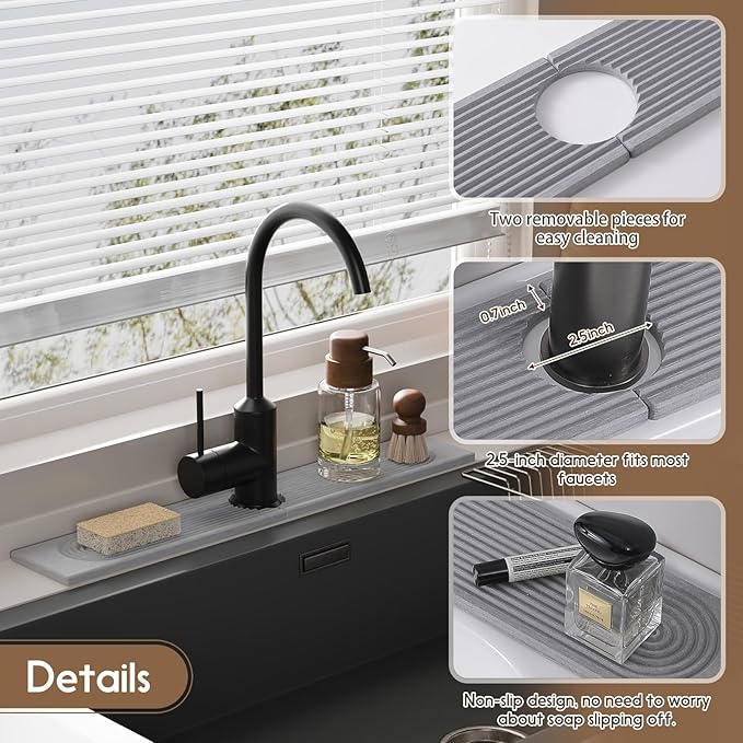 Faucet Mat for Kitchen Sink, Diatomite Quick Drying Tray, Long 23.6'' Kitchen Sink Splash Guard and Bathroom Stone Tray for Counter. Super Absorbent. Light Grey.