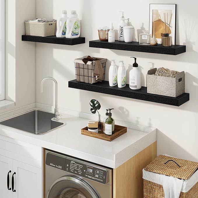 fuqing Floating Shelves for Wall, Wall Mounted Wood Floating Shelf with Invisible Brackets for Living Room, Bathroom, Bedroom, Kitchen Storage and Decor, 32 Inch Set of 2, Black