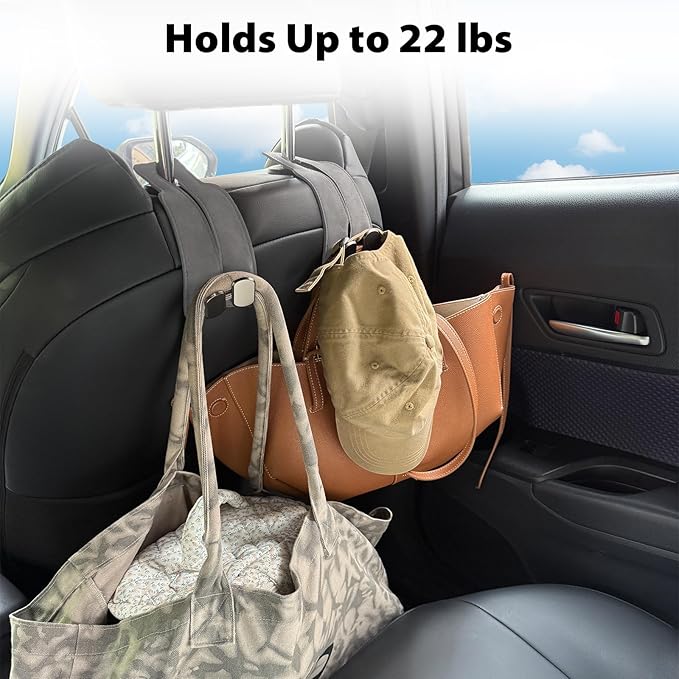 Travel Depot Car Seat Hooks 2 Pack, Leather Headrest Hooks for Car with Double-Hook Design, Durable Headrest Hook Bag Holder Purse Hanger, Organizer for Seat Back in SUV, Truck, Vehicle, Grey