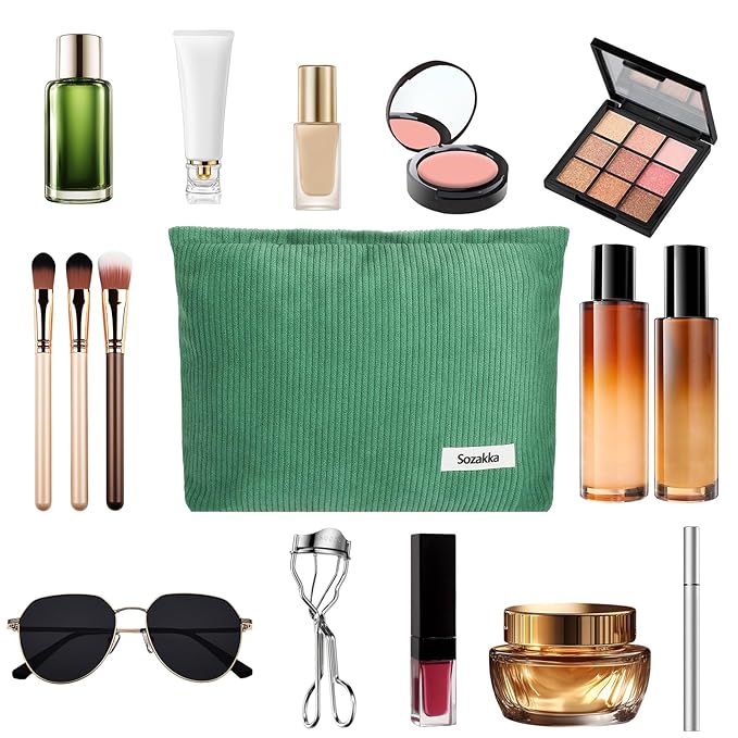 ZLFSQR Corduroy Makeup Bag for Women Small Corduroy Cosmetic Bag Large Cute Travel Makeup Pouch for Purse Green Cloth Cosmetic Pouch Zipper Storage Organizer Canvas Toiletry Bags