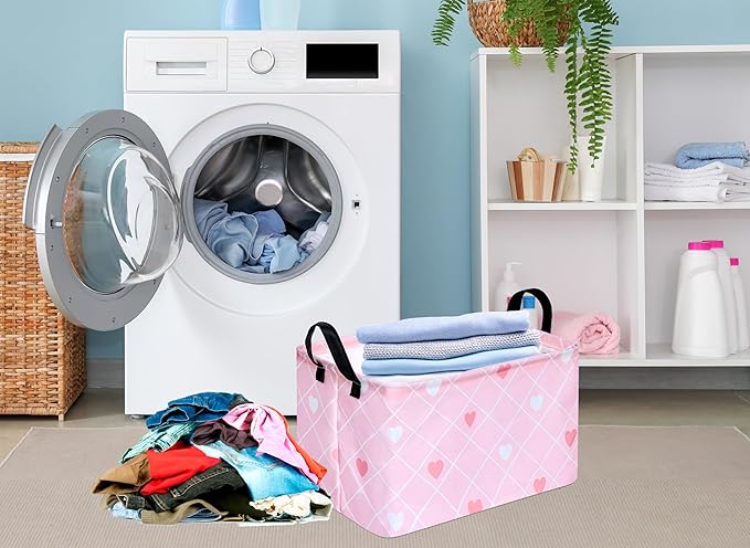 KUNRO Rectang Heart Valentine's Storage Basket Gift Shelf Basket Storage Bin, Nursery Basket Organizer Box for With Handles for Room Deco