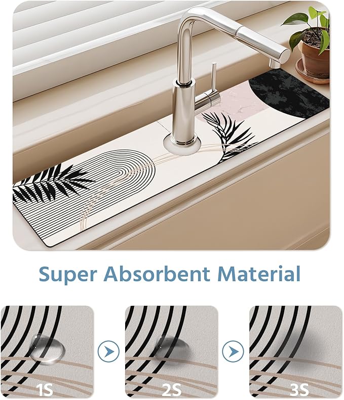 Patterned Sink Faucet Mat Kitchen Splash Guard Super Absorbent Drying Mat, Non-Slip Drain Pad for Kitchen Counter or Bathroom-15x5.5in