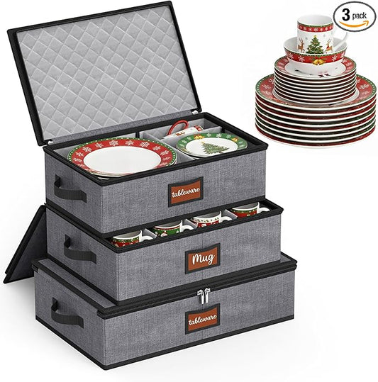 MISSLO Large Capacity China Storage Containers Hard Shell Plate Storage Containers, Kitchen Packing Moving Boxes for Dishes, Dinnerwares, Mugs Protectors, Grey, 3 Piece Set