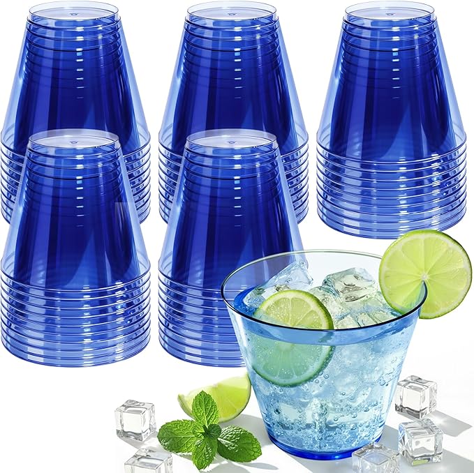 9 oz Clear Plastic Disposable Cups for Cocktail 150 Pack Fancy Cocktail Cup for Party Stemless Wine Glasses for Party Wedding Graduation Birthday，Royal Blue