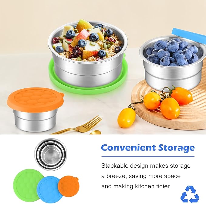 E-far Snack Containers with Lid Set of 3 (3, 6, 12.9oz), Stainless Steel Food Container for Kids Toddlers Adults, Round Metal Reusable Food Storage Box for Daycare School, Leak Proof & Stackable