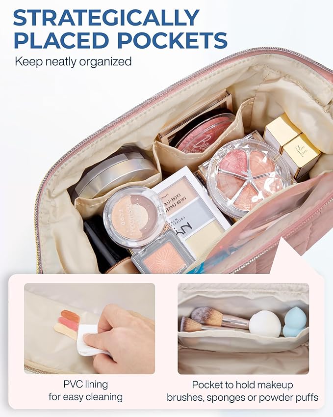 BAGSMART Makeup Bag Travel Toiletry Bag, Puffy Padded Makeup Bags for Women Makeup Organizer Case, Wide-open Pouch Purse Travel Essentials Toiletries Accessories Brushes, Dark Pink