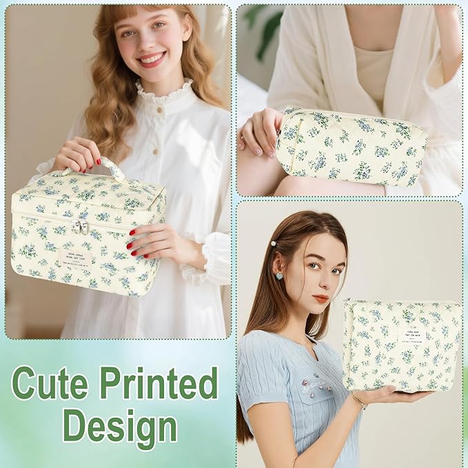 3Pcs Makeup Bag Quilted Cotton Cosmetic Bags for Women Large Small Blue Makeup Pouch Set Cute Coquette Floral Travel Bags Portable Skincare Toiletry Bag Vintage Puffy Essential Organizer