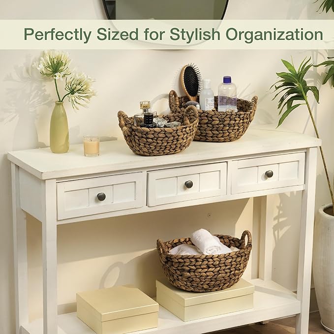 Set of 3 Wicker Storage Baskets for Organizing - Woven Decorative Baskets with Handles - Organizers for Bathroom, Kitchen, and Shelves (Espresso)