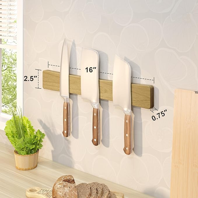 Magnetic Knife Holder for Wall, 16" Acacia Wood Knife Magnetic Strip No Drill Use as Tool Key Storage Knife Bar, Powerful Wall Mounted Knife Magnet for Refrigerator & Kitchen Utensil Organizer