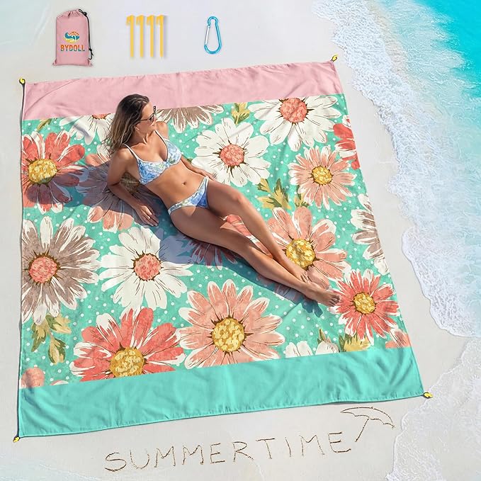 BYDOLL Beach Blanket Waterproof Sandproof 78''×81'' Suits1-4 Adults Compact Lightweight Oversized Sand-Free Blanket Large Picnic Mat for Beach Travel Camping Hiking
