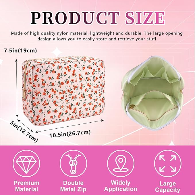 Waterproof Nylon Large Makeup Bag Travel Pouch, Floral Preppy Big Cosmetic Bag Make Up Organizer Toiletry Bag with Zipper, Large Capacity Cute Zipper Pouch Storage Bag for Women Girls(Orange Flower)