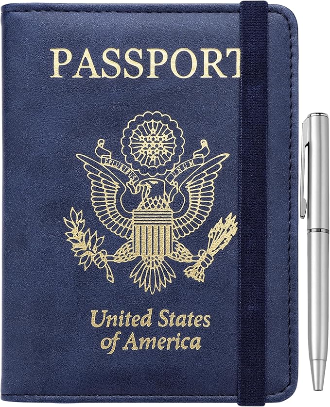 WALNEW Passport Holder for Travel, RFID Passport Cover Wallet for Women Men, PU Leather Passport Book Card Holder Case with Pen, Travelling Essentials for Flying