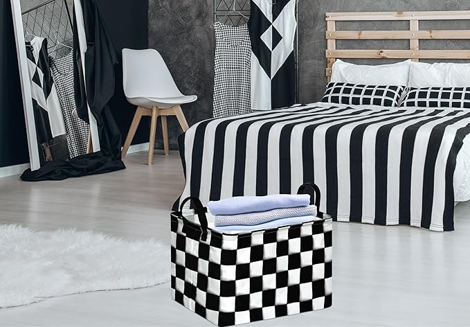 KUNRO Rectang Checkered Flag Storage Basket Gift Shelf Basket Storage Bin, Nursery Basket Organizer Box for With Handles for Room Deco