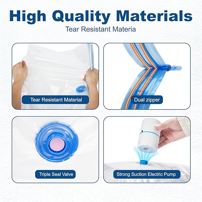 HOUSE DAY 18 Pack Vacuum Storage Bags with Electric Pump, Valve, Space Saver Vacuum Seal Bags for Clothing, Comforters, and Travel Essentials 3 Jumbo, 3 Large, 3 Medium, 3 Small/3 Small, 3 XS Roll-Up Bag